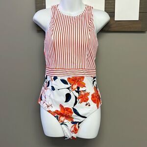 Cupshe One Piece Women’s Floral and Striped Pull-On High Neck Swim Suit-Medium